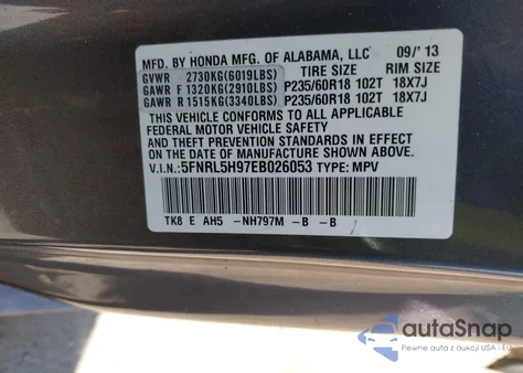 2014 Honda Odyssey Touring/Touring Elite z USA, uszkodzony, nr VIN 5FNRL5H97EB026053